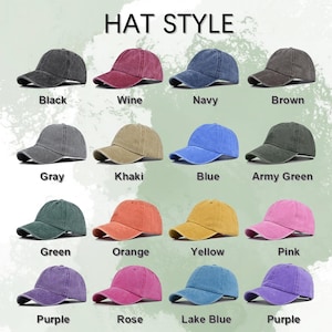 May include: A collection of baseball caps in various colors, including black, wine, navy, brown, gray, khaki, blue, army green, green, orange, yellow, pink, purple, rose, and lake blue. The text "HAT STYLE" is at the top.