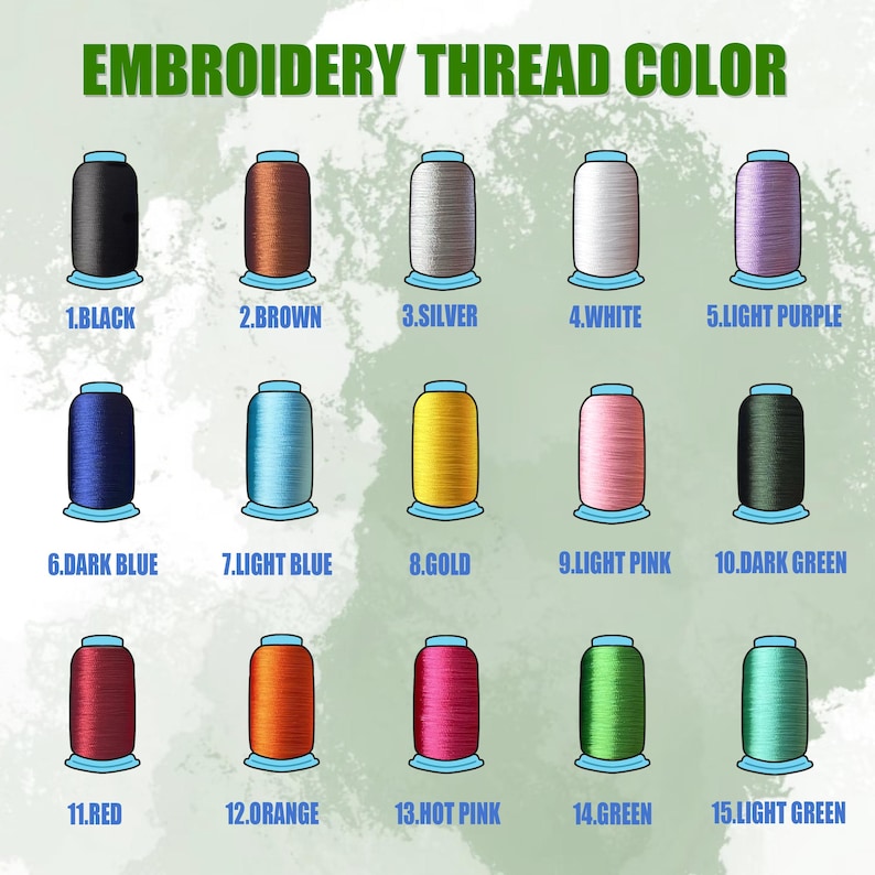 May include: Image showing a color chart of embroidery thread. The chart displays 15 thread colors, including black, brown, silver, white, light purple, dark blue, light blue, gold, light pink, dark green, red, orange, hot pink, green, and light green.