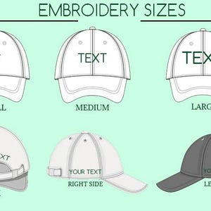 May include: Diagram of baseball caps in various views and sizes, labeled "Small", "Medium", and "Large". The caps are shown from the front, back, and sides, with text placeholders for customization. The text "Embroidery Sizes" is at the top.