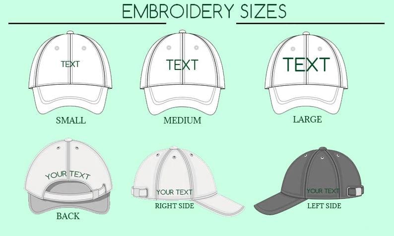 May include: Diagram of baseball caps in various views and sizes, labeled "Small", "Medium", and "Large". The caps are shown from the front, back, and sides, with text placeholders for customization. The text "Embroidery Sizes" is at the top.