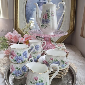 Vintage Royal Albert Bone China 14pc Coffee Set - Sweet Pea (Friendship Series) Teacup, Saucers, Teapot, Milk Jug Sugar Bowl Afternoon Tea