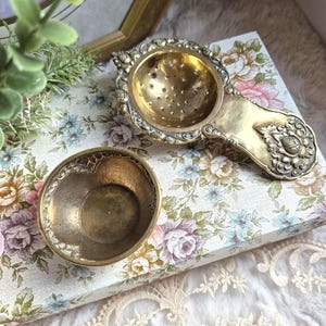 Antique 1888 German 800 Silver Tea Strainer with Drip Bowl, Gold Vermeol, Ornate Repousse Victorian Teaware, Stamped Collectible