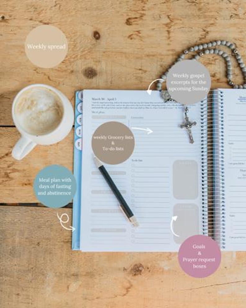 May include: A planner with a spiral binding, open to a weekly spread, sits on a wooden surface. A cup of coffee, a pen, and a rosary are also present. The planner includes sections for grocery lists, to-do lists, meal planning, and prayer requests.