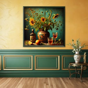 May include: A still life painting of sunflowers, oranges, and wine glasses in a vase with a blue and green background.