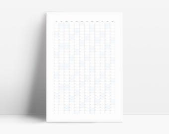 May include: A blank yearly calendar planner with a white background and blue grid lines. The calendar is divided into 12 months, with each month having its own column. The days of the week are listed at the top of each column, and the numbers of the days are listed in rows below.