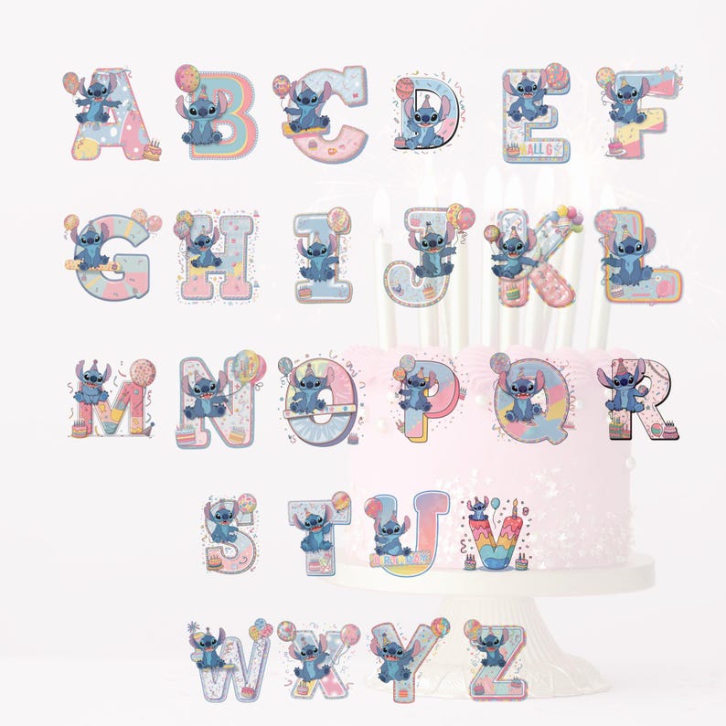 K&ouml;nnte beinhalten: Ein Set mit 26 Alphabet-Buchstaben-Kuchen-Toppern mit einer blauen Comicfigur mit einem rosa Geburtstagshut. Jeder Buchstabe ist mit bunten Luftballons, Konfetti und einem rosa und blauen Hintergrund verziert.