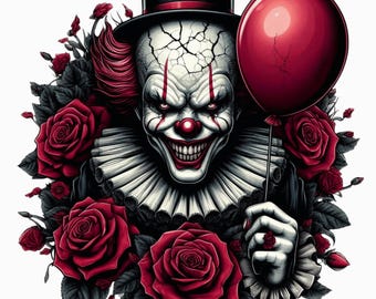 Gothic Horror Clown Sublimation Png, Dark Rose Creepy Clown Art, Vintage Horror Balloon Design, Scary Movie Aesthetic Png, Instant Download