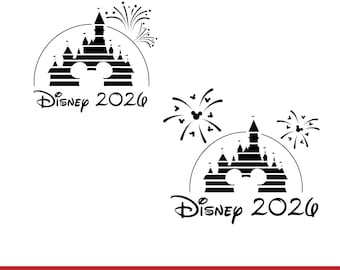 May include: Black and white Disney castle design with fireworks and the text "Disney 2026". The design includes the iconic Mickey Mouse ears. The bottom of the image has the text "SVG & PNG" in white on a red background.