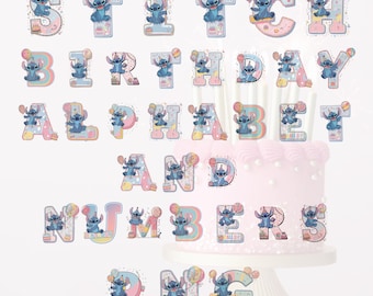 May include: Blue and pink Stitch themed alphabet and number cake toppers. Each letter and number features a cartoon Stitch character with balloons and confetti.