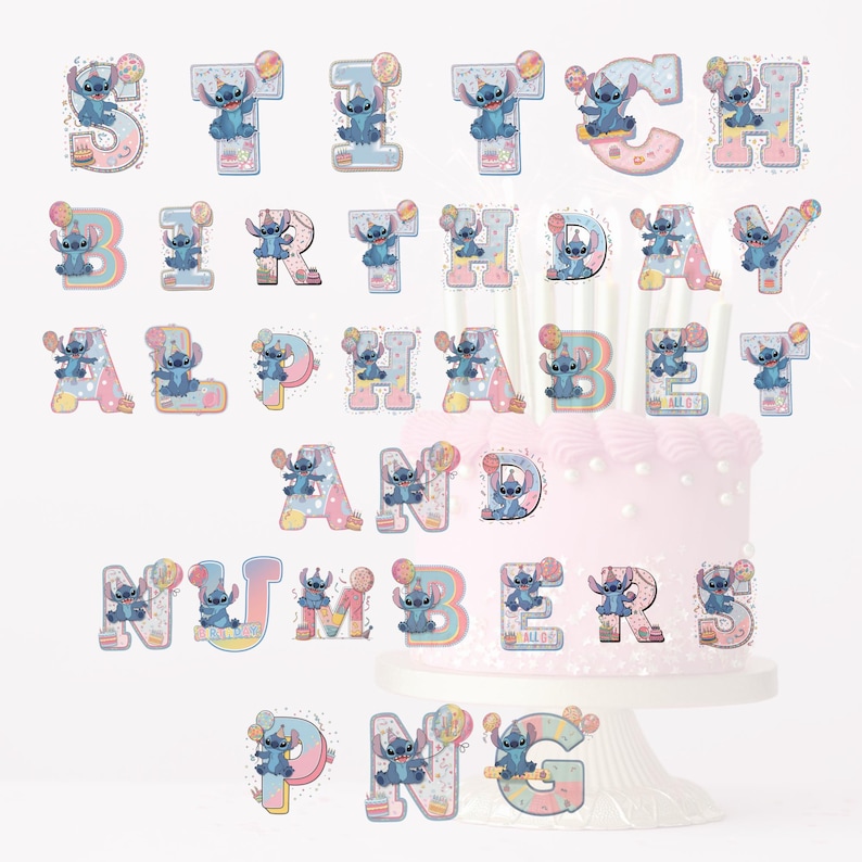 K&ouml;nnte beinhalten: Blaue und rosafarbene Kuchentopper mit Stitch-Motiv in Form von Buchstaben und Zahlen. Jeder Buchstabe und jede Zahl zeigt einen Stitch-Cartoon-Charakter mit Ballons und Konfetti.