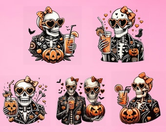 レトロなスケルトンカップルのPNG画像バンドル、不気味なピンクのカボチャのクリップアート、ガーリーなハロウィンの美的デザイン、かわいいスカルの昇華転写、デジタルダウンロード