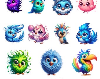 Whimsical Watercolor Birds Png Bundle, Cute Funny Bird Clipart Set, Colorful Cartoon Bird Art, Baby Animal Sublimation, Digital Download