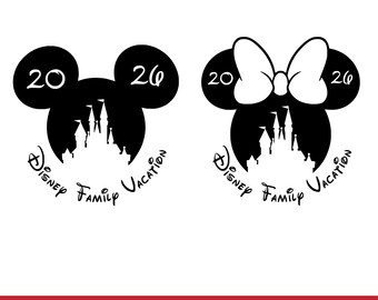 May include: Black and white Disney Family Vacation designs. One features Mickey Mouse ears with the numbers "2026" and a castle silhouette. The other design has Minnie Mouse ears with a bow and the same numbers and castle. The bottom banner reads "SVG & PNG".