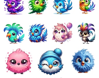 Playful Watercolor Birds Png Bundle, Cute Baby Bird Clipart Set for Sublimation and Stickers, Funny Colorful Animal Art, Instant Download