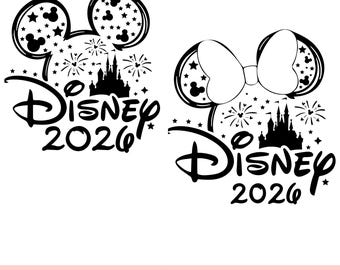 May include: Black and white Disney-themed design featuring Mickey Mouse ears with star and Mickey head accents, fireworks, and a castle silhouette. The text "Disney 2026" is included. The bottom of the image includes the text "SVG & PNG".