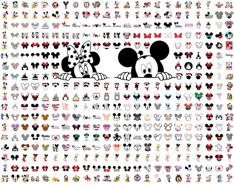 May include: A digital design sheet featuring a variety of Mickey Mouse and Minnie Mouse themed images. The sheet includes images of Mickey and Minnie's heads, ears, and silhouettes, as well as images of hearts, stars, and other Disney-themed elements. The images are in black and white, and some are in color.