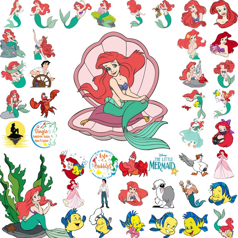 Pode incluir: Uma cole&ccedil;&atilde;o de arquivos de corte digital com v&aacute;rios personagens e cenas do filme da Disney A Pequena Sereia. As imagens incluem Ariel, Linguado, Sebasti&atilde;o, &Uacute;rsula e muito mais. Os arquivos s&atilde;o perfeitos para projetos de artesanato como scrapbooking, cria&ccedil;&atilde;o de cart&otilde;es e adesivos de vinil.