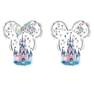 May include: A watercolour illustration of a pink castle with blue accents, surrounded by fireworks and Mickey Mouse ears. The castle is set against a white background.