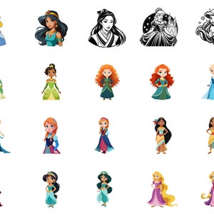 Princess Clipart PNG Bundle Sticker Sublimation Nursery Decor Snow White Moana Merida Aurora Cinderella Belle Jasmine Pocahontas Mulan Tiana