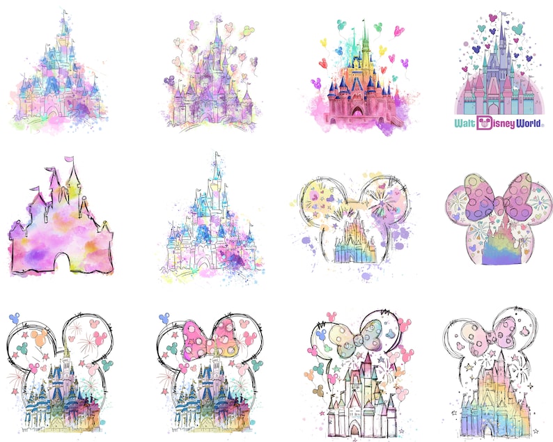May include: A digital illustration of Cinderella's castle with a watercolor effect. The castle is surrounded by colorful balloons and hearts. The text "Walt Disney World" is in the bottom right corner.