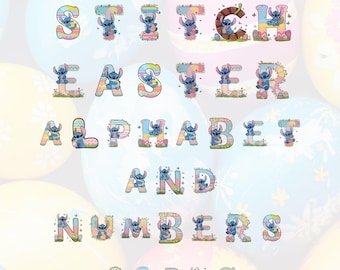 Stitch Easter Alphabet Png Bundle, Cute Bunny Font Letters and Numbers, Pastel Watercolor Easter Font Png, Baby Spring Font Download