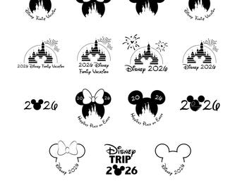 May include: A collection of black and white Disney-themed graphics. Designs include Mickey Mouse ears, bows, and castle silhouettes, with the text "2026" and phrases like "Disney Family Vacation" and "Happiest Place on Earth."