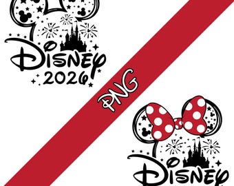 May include: Black and white Disney 2026 design with Mickey Mouse ears and a Minnie Mouse bow. The design includes a castle, fireworks, and stars. A red diagonal stripe with "PNG" text is also present.