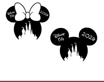 May include: Black and white Disney trip design featuring Mickey Mouse ears with a castle silhouette. One design includes a white bow and the text "2026". The other design has the text "Disney Trip" and "2026".
