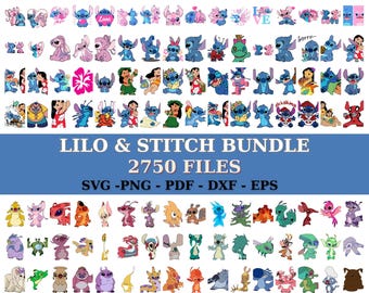 May include: A collection of colorful Lilo & Stitch character designs in various poses and styles. The image includes the text "LILO & STITCH BUNDLE" and "2750 FILES" with file type formats listed below. The designs are in SVG, PNG, PDF, DXF, and EPS formats.