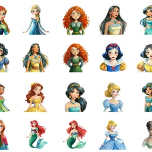 Princess Clipart PNG Bundle Sticker Sublimation Nursery Decor Snow White Moana Merida Aurora Cinderella Belle Jasmine Pocahontas Mulan Tiana