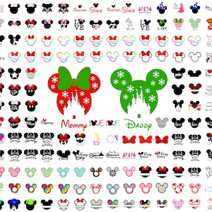 Può includere: Una collezione di oltre 100 disegni colorati di orecchie di Topolino. I disegni includono vari colori, motivi e testi, come "Mommy Love Love Daddy", "Big Sister", "Little Sister" e "Baby Boy".