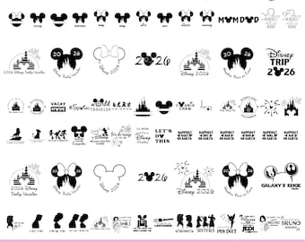 May include: A collection of black and white Disney-themed graphics, including Mickey Mouse silhouettes, castle illustrations, and text elements like "Disney 2026" and "Happiest Place on Earth." The image also includes text that says "333 FILES - SVG PNG & ttf."