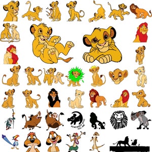May include: A collection of cartoon lion characters from the Disney movie The Lion King. The characters include Simba, Nala, Mufasa, Scar, Timon, Pumbaa, and more. The characters are in various poses and expressions, and some are holding objects such as a crown or a flower.