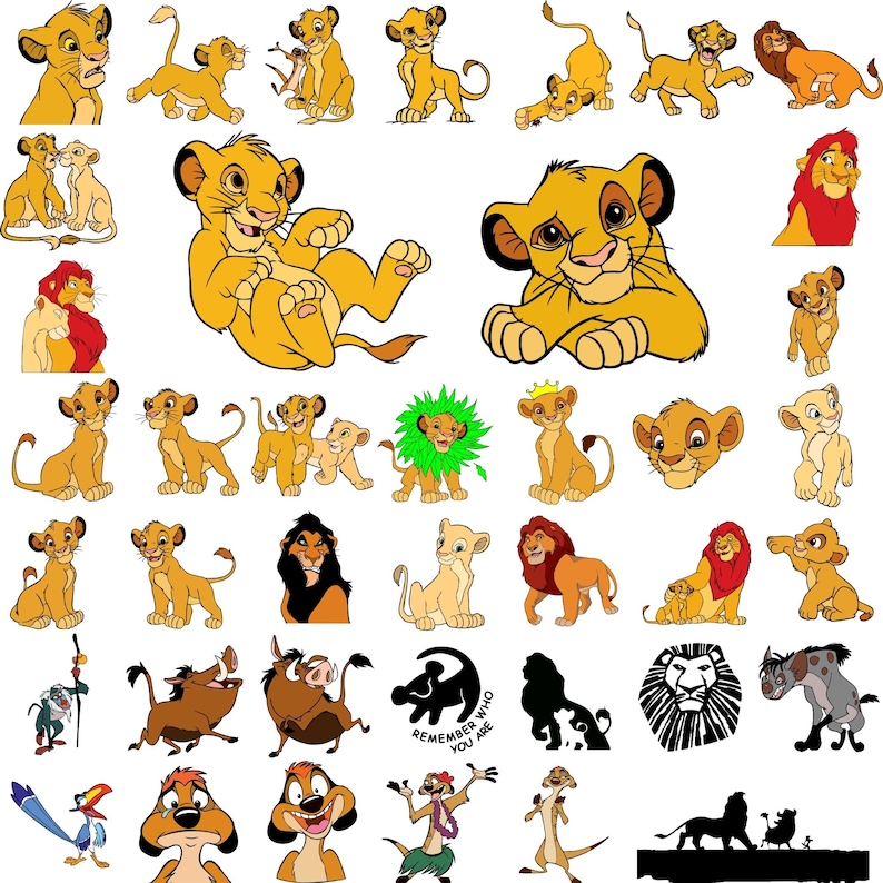 Puede incluir: Una colecci&oacute;n de personajes de le&oacute;n de dibujos animados de la pel&iacute;cula de Disney El Rey Le&oacute;n. Los personajes incluyen a Simba, Nala, Mufasa, Scar, Timon, Pumbaa y muchos m&aacute;s. Los personajes est&aacute;n en varias poses y expresiones, y algunos sostienen objetos como una corona o una flor.