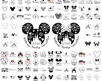May include: A collection of 660 SVG and PNG files featuring Disney-themed designs. The designs include Mickey Mouse ears, castle silhouettes, and text elements like "Family Trip 2026" and "Best Day Ever". The color scheme is primarily black and white with red accents.
