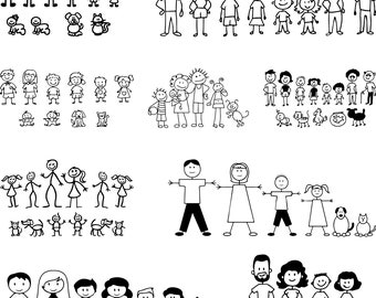 May include: A set of black and white stick figure family illustrations. The illustrations show different family configurations, including families with pets. The illustrations are simple and fun, and they would be perfect for use in a variety of projects, such as scrapbooking, card making, or home decor.