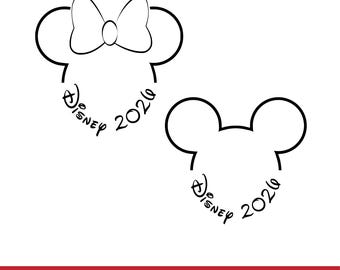 May include: Black and white outline of two Mickey Mouse heads, one with a bow. The word "Disney" and the year "2026" are written in a script font within the outline of each head. The bottom of the image has the text "SVG & PNG" in white.