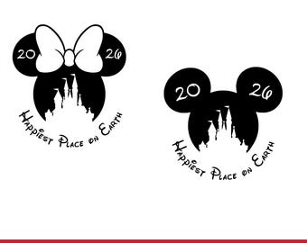 May include: Two black and white Mickey Mouse head designs with the text "Happiest Place on Earth". One design includes a white bow. The numbers "20" and "26" are on the ears. The bottom of the image has the text "SVG & PNG".