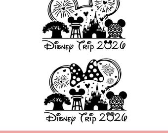 May include: Black and white Disney Trip 2026 design featuring Mickey Mouse ears, fireworks, a castle, and other iconic park elements. The design includes a Minnie Mouse bow and the text "SVG & PNG".