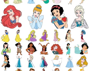 May include: A collection of 36 colorful illustrations of Disney princesses. The princesses are depicted in various poses and outfits, including Snow White, Cinderella, Ariel, Belle, and Mulan.