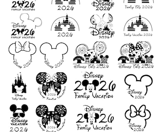 May include: A collection of black and white Disney-themed graphics. Designs include Mickey Mouse ears, bows, and castle silhouettes, with text reading "Disney 2026 Family Vacation" and "Disney Vacation 2026". The bottom of the image says "SVG & PNG".