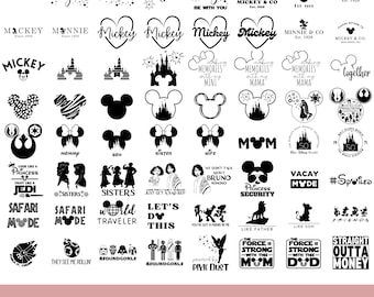 May include: A collection of 150 SVG and PNG files featuring various designs. The designs include Mickey Mouse silhouettes, castle illustrations, and text-based graphics with phrases like "Magical," "Memories," and "Princess Security."