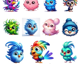 May include: A set of 11 cartoon bird illustrations. The birds are in various colors and poses, including a pink bird with a fluffy head, a blue bird with a crown, and a green bird with a long tail.