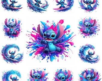 Stitch Splash und Aquarell Digitales Design PNG-Datei für Sublimation, hohe Auflösung, transparenter Hintergrund, sofortiger digitaler PNG-Download