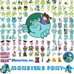 Könnte beinhalten: Eine bunte Illustration mit Figuren aus dem Animationsfilm Monster AG. Das Bild zeigt ein blaues Monster mit einem Auge, ein lila Monster mit drei Augen und ein menschliches Mädchen mit braunen Haaren. Der Text "Monster AG" und "Monster Schriftart" ist ebenfalls im Bild enthalten.