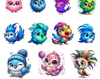 Cute Bird Png Bundle, Watercolor Funny Birds Clipart, Colorful Cartoon Bird Art Png, Baby Animal Sublimation Design, Instant Download