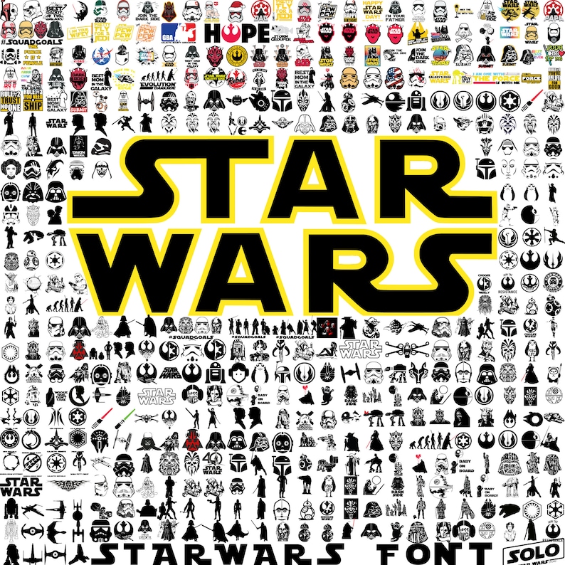 May include: A black and yellow graphic design featuring the words "STAR WARS" in large, bold letters. The design includes a variety of Star Wars characters, symbols, and logos, including Darth Vader, Yoda, R2-D2, and the Millennium Falcon. The text "STAR WARS FONT" is also included in the design.