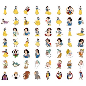 May include: A set of colorful cartoon stickers featuring Snow White and the Seven Dwarfs. The stickers include various poses of Snow White, the dwarfs, and other characters from the classic Disney movie.