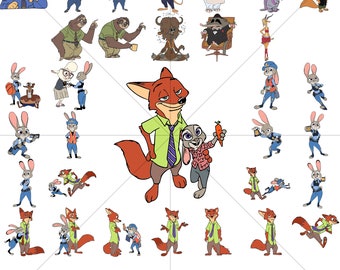 Bundle Svg Zootopie, Clipart drôle de renard, fichiers Png de lapin, conception numérique d'amis animaux mignons pour les enfants, fichier de coupe Cricut, téléchargement immédiat