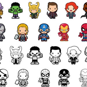 Op de afbeelding: Een set van 20 cartoon-illustraties van Marvel-superhelden en -schurken. De personages zijn afgebeeld in een chibi-stijl, met grote hoofden en kleine lichamen. De personages omvatten Iron Man, Captain America, Thor, Hulk, Loki, Black Widow, Hawkeye, Spider-Man, Thanos, en meer.